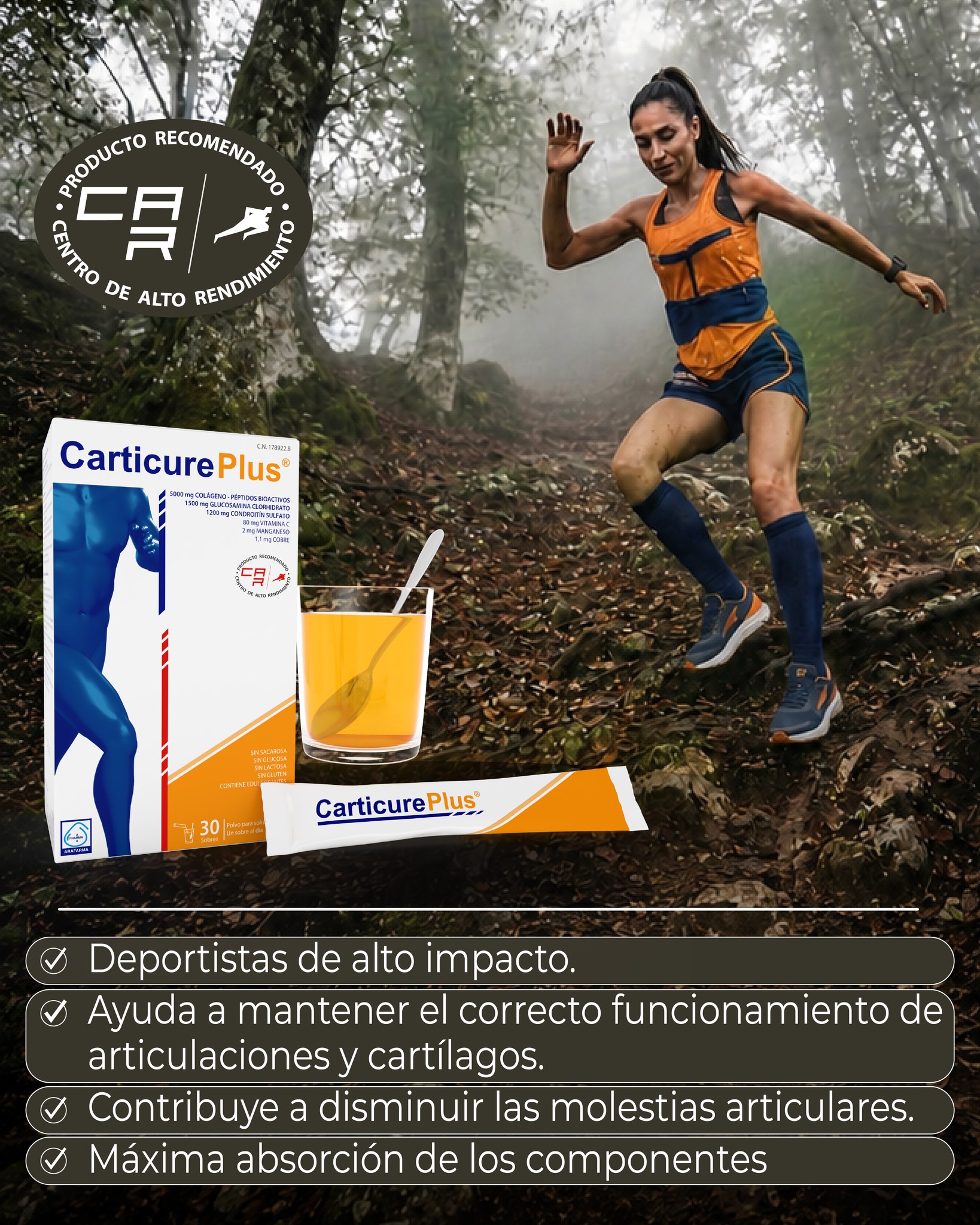 Carticure Plus es un complemento alimenticio recomendado por el CAR para deportistas de alto impacto ya que ayuda a disminuir las molestias articulares y a mantener el correcto funcionamiento de las articulaciones y cartílagos.

Carticure Plus está disponible en arafarmashop.com