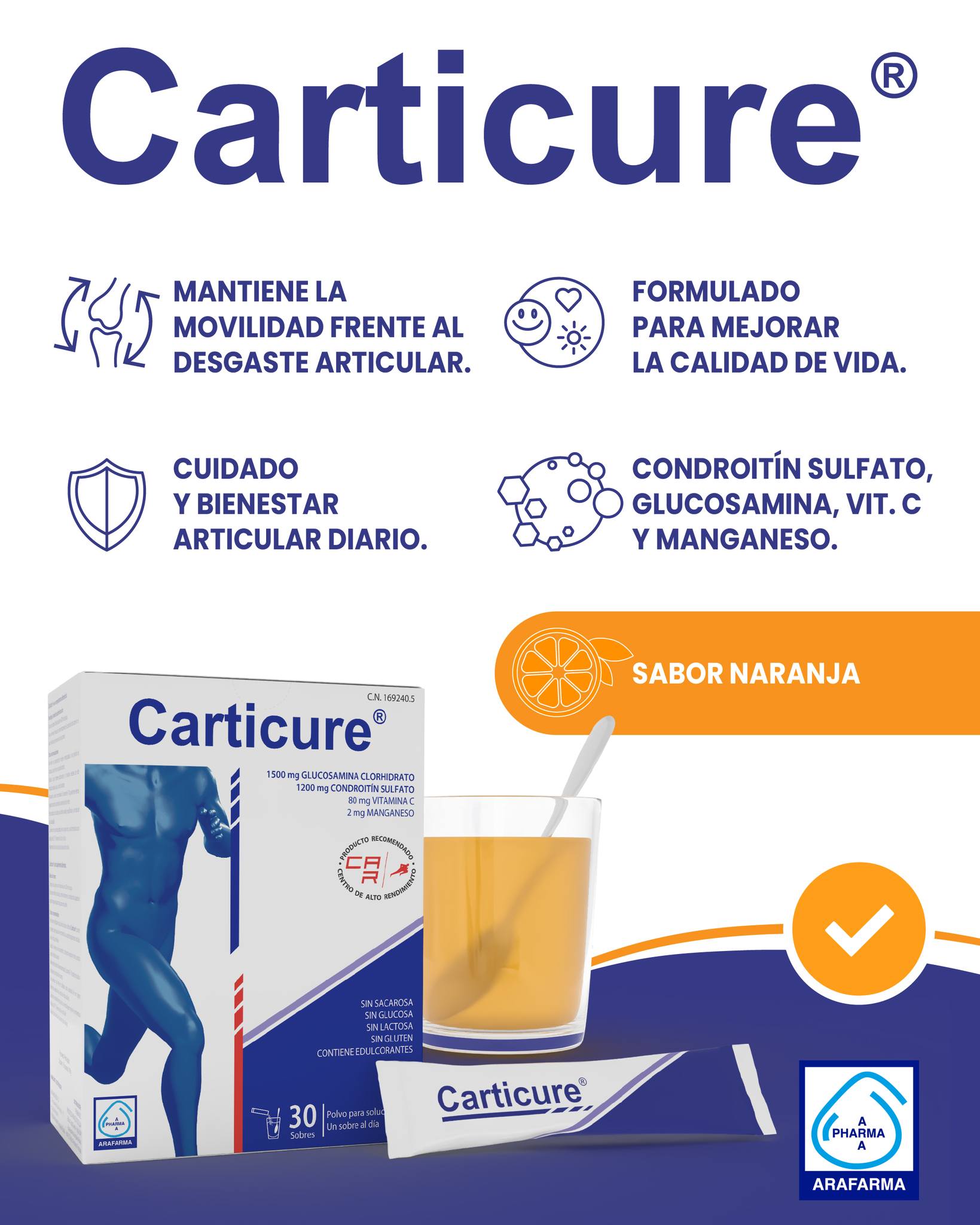 Los ingredientes de Carticure han sido seleccionados para complementar el cuidado y bienestar articular de todos aquellos que sufren desgaste articular y cambios en las estructuras articulares que pueden influir en la movilidad y el confort en el día a día.

Disponible en arafarmashop.com