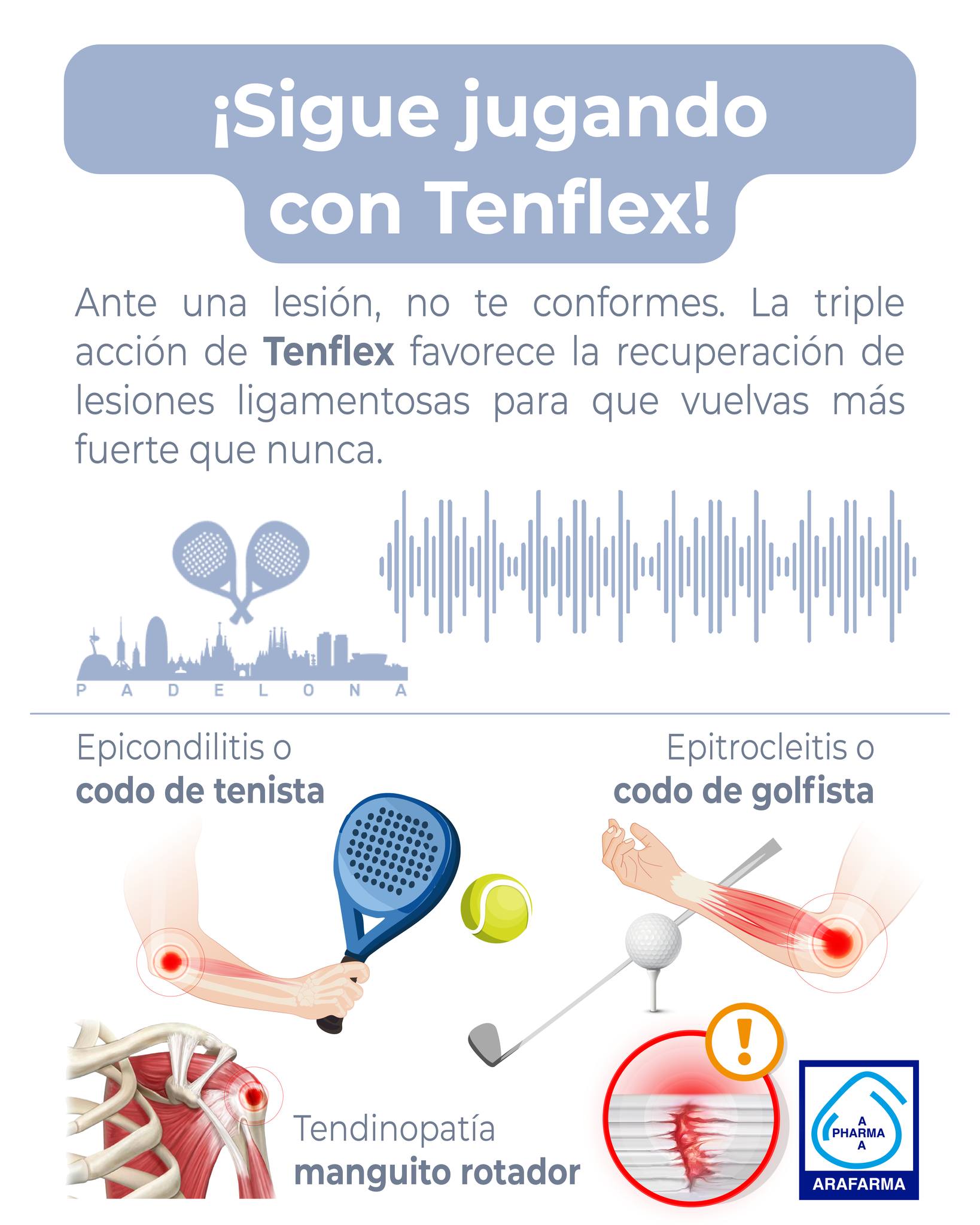 ¡Sigue jugando! No te conformes con las lesiones. Tenflex es un complemento alimenticio desarrollado para complementar el cuidado de tendones, ligamentos y otras estructuras del tejido conectivo, contribuyendo al bienestar @padelona 

Disponible en arafarmashop.com.